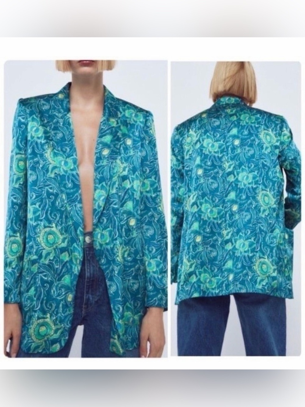 Zara Blue-Green Floral Satin Blazer